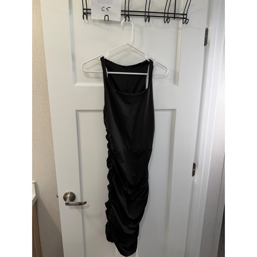 Black Ruched Bodycon‎ Dress Sleeveless Scoop Neck Midi Cocktail Party Womens M